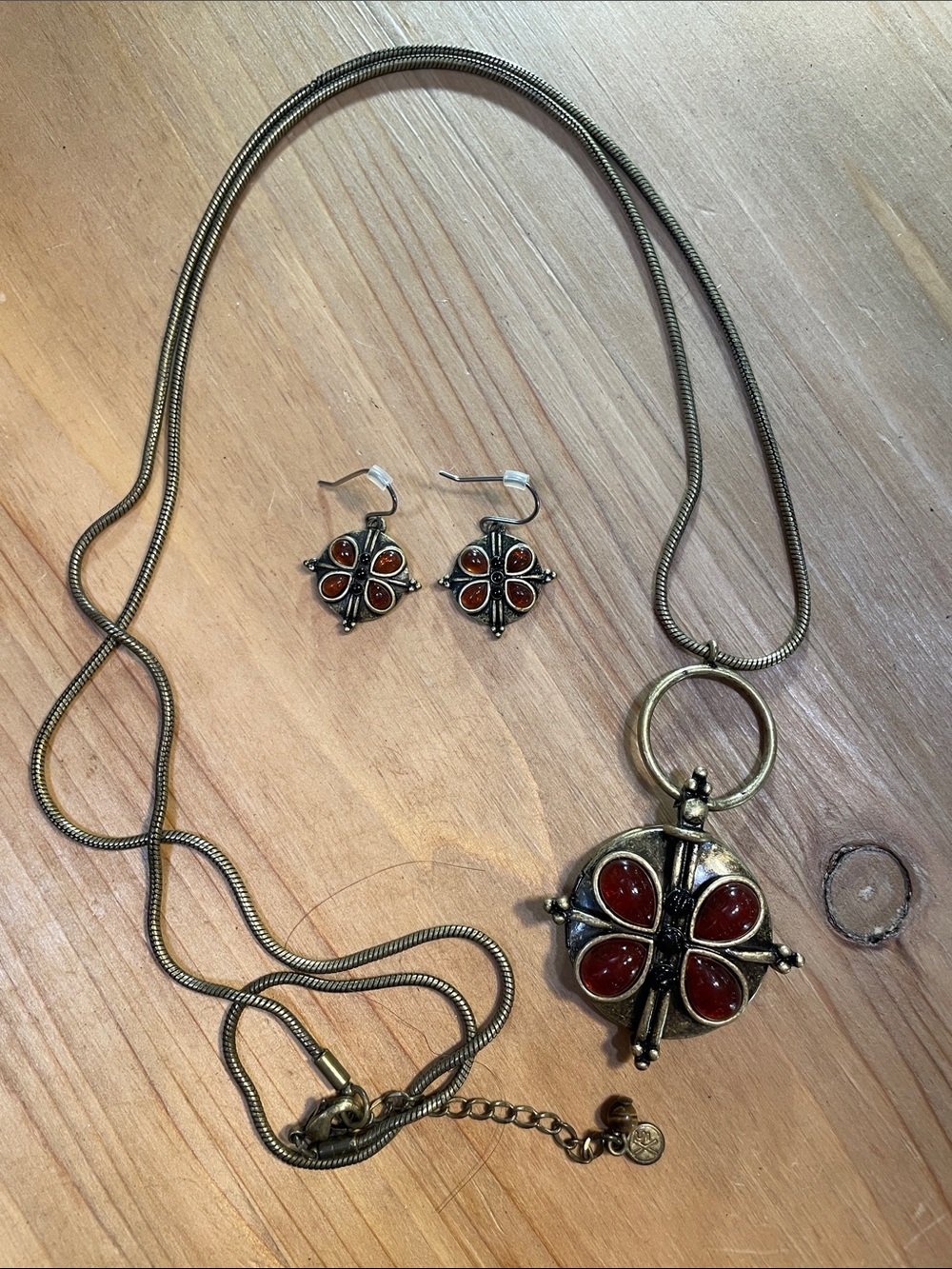 Xiomara Castro Xc Bronze ToneRed Stone Pendant locket necklace and Earrings Set